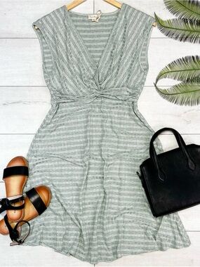 NWT Hem & Thread Sage Green Striped Twist-Front Midi Dress